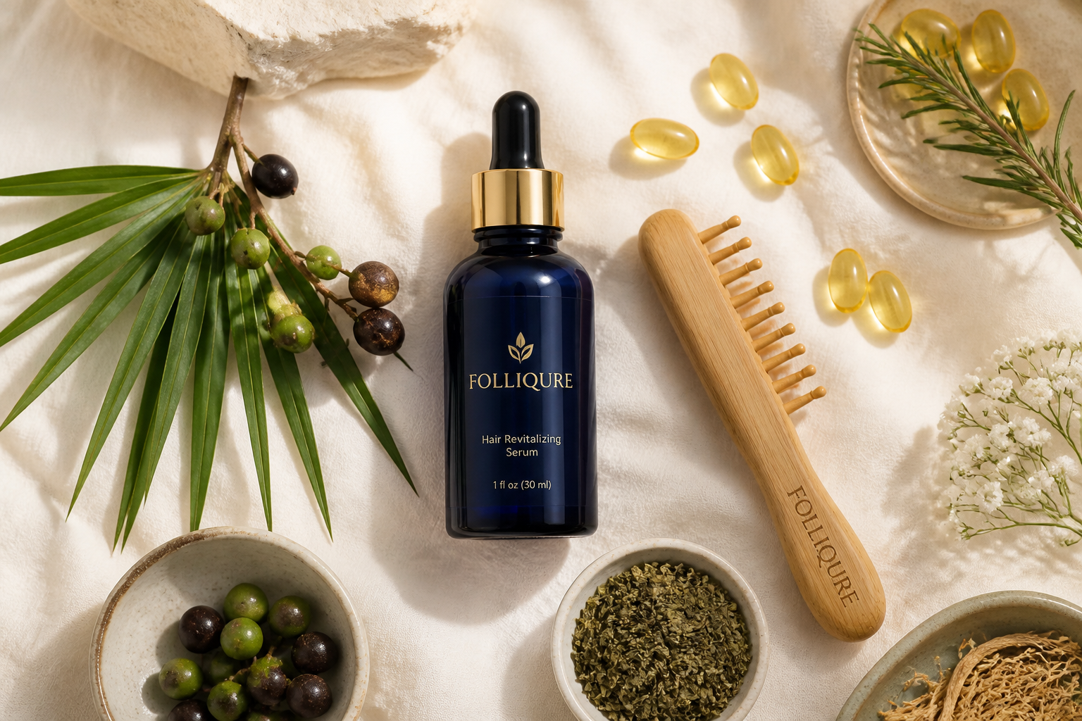 Folliqure serum kit with applicator comb and botanicals